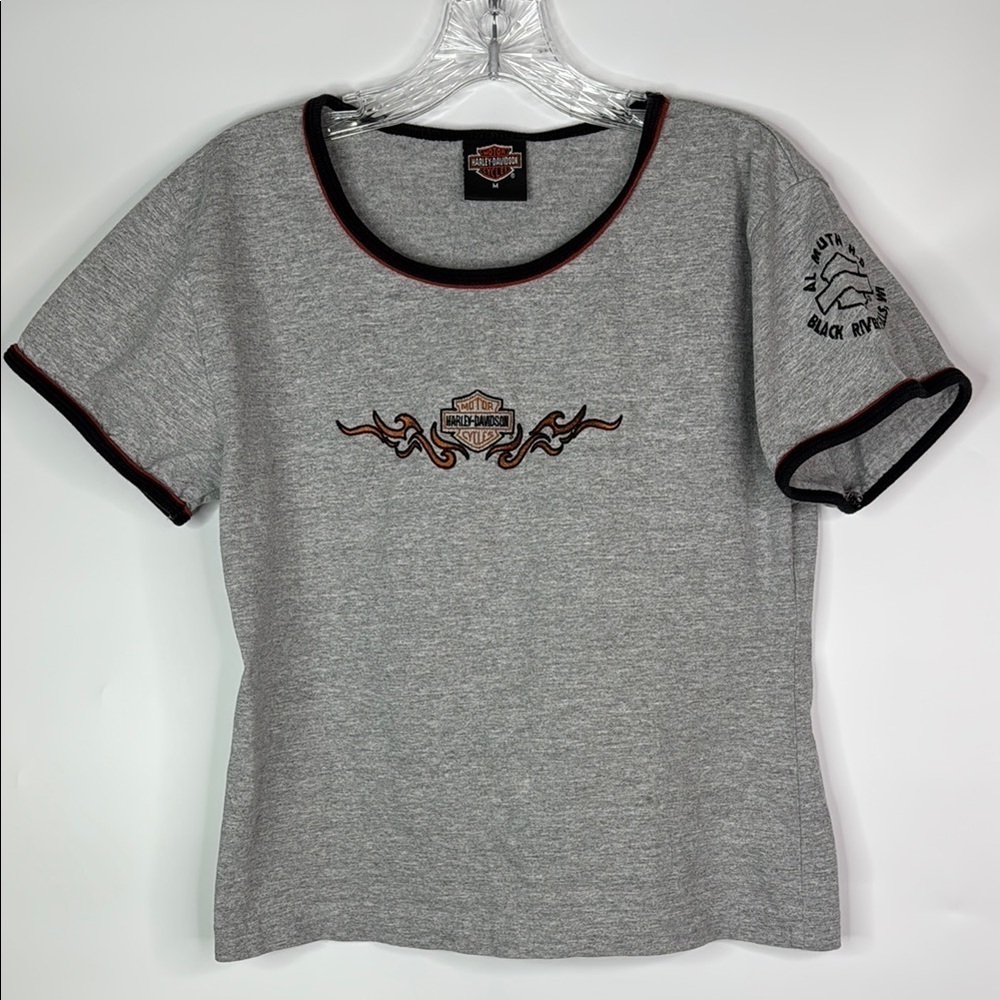 Harley-Davidson Gray Al Muth Black River Falls Scoop Neck Tshirt Size Medium